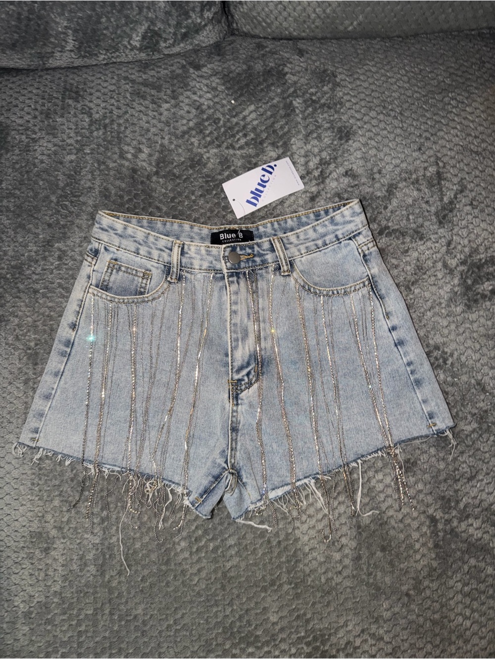 Blue B High-Rise Light Wash Denim Shorts with Rhinestone Fringe NWT